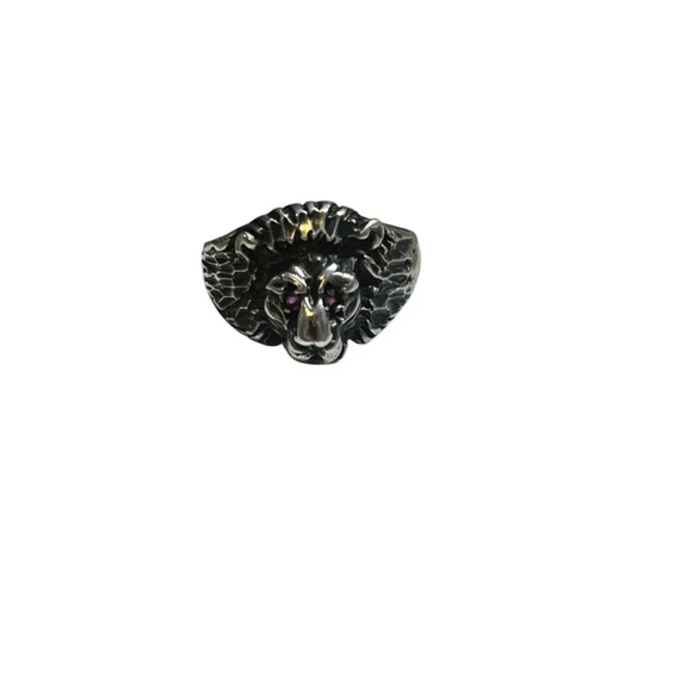 Vintage Sterling Silver Lion Head Ring Ruby Eyes SZ 9 Atlantic Jewelry Co